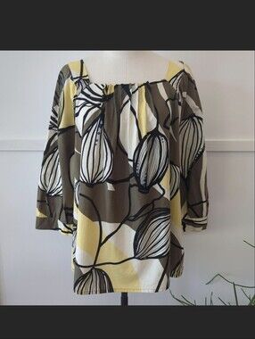 Masai yellow, brown, and white abstract floral print cotton/linen blouse Medium